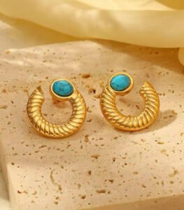 Turquoise Stone Textured Gold Hoop Earrings