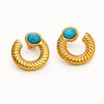 Turquoise Stone Textured Gold Hoop Earrings