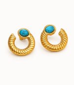 Turquoise Stone Textured Gold Hoop Earrings