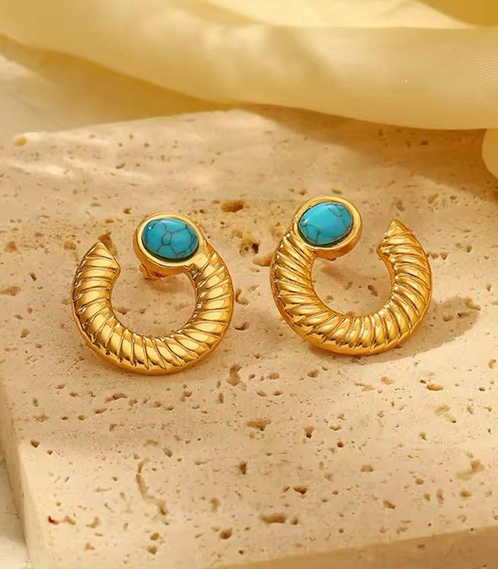 Turquoise Stone Textured Gold Hoop Earrings